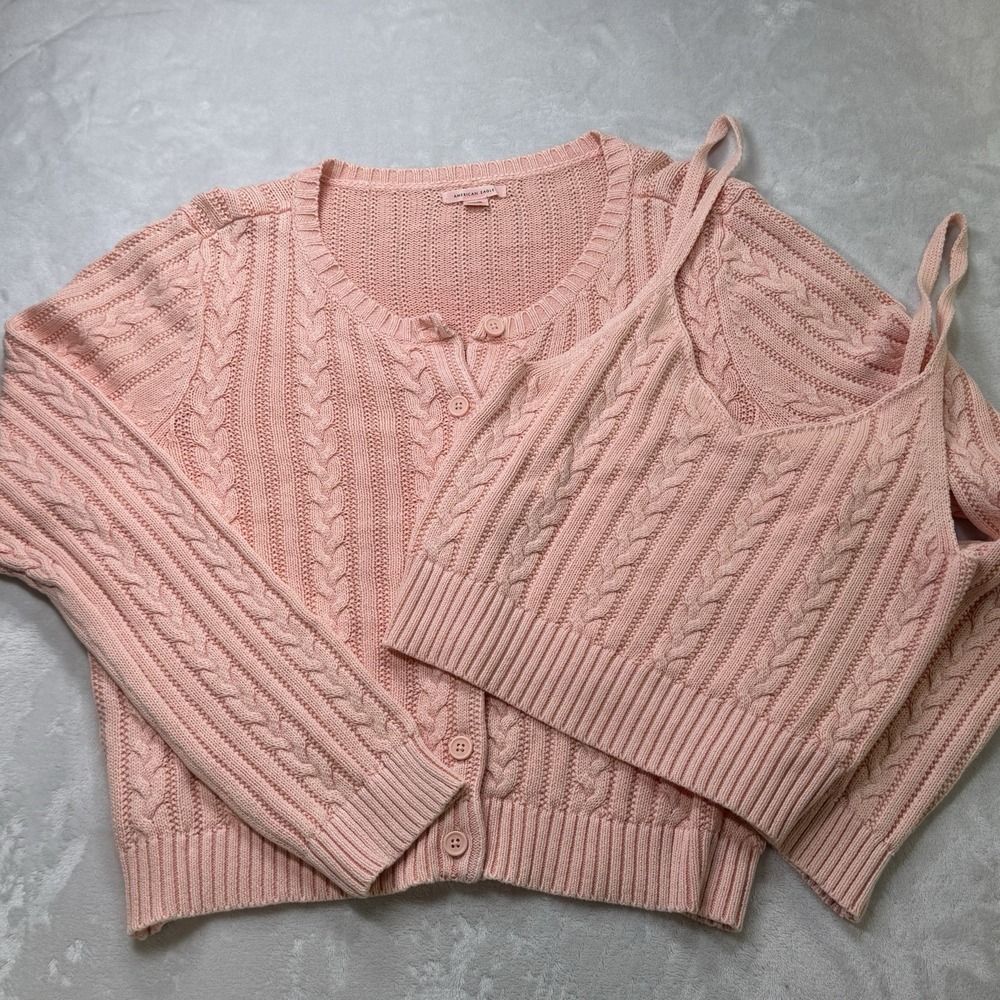 American Eagle Pink Cable Knit Cardigan & Cami Set Womens XL